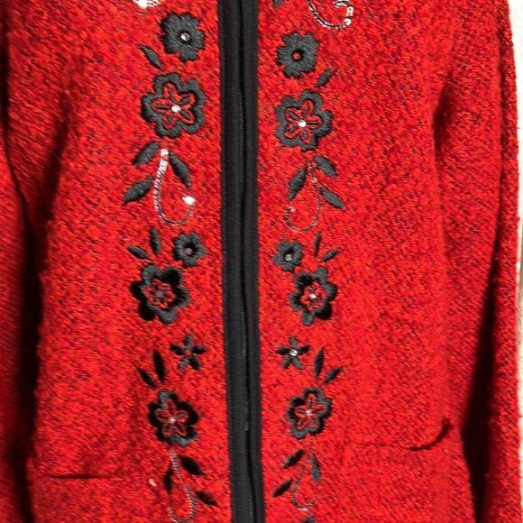 Cathy Daniels Red Cardigan Sweater with Embroidered Floral Detail – Size Medium - Picture 2 of 8